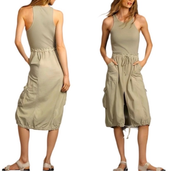 Anthropologie Daily Practice Dress Tank Twofer Midi Moss Boho Vacay,Size Large - Picture 2 of 15